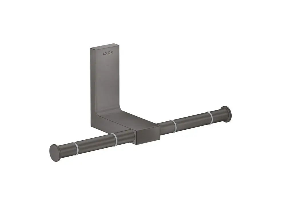 Toilettenpapierhalter in brushed black chrome von AXOR, mit zwei runden Halterungen, montiert auf einer rechteckigen Wandplatte.